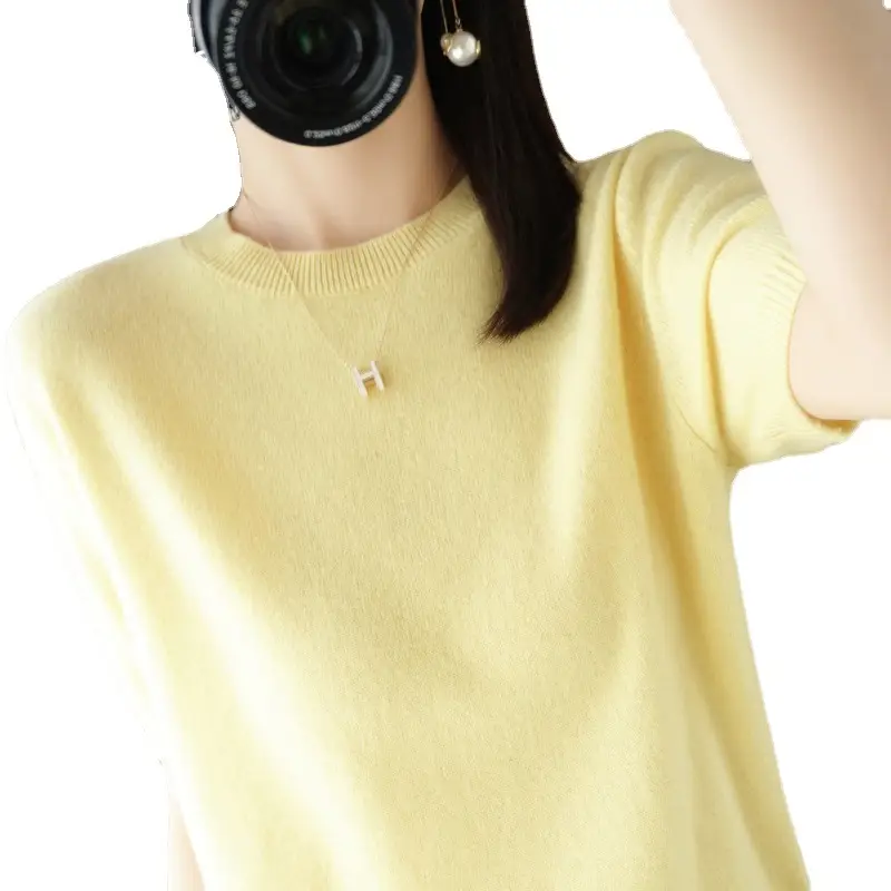 Women Knitted Round Neck Pullover Short Sleeve Summer Wear