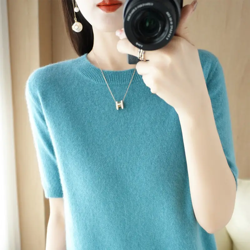Women Knitted Round Neck Pullover Short Sleeve Summer Wear