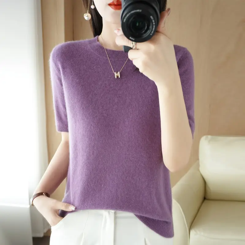 Women Knitted Round Neck Pullover Short Sleeve Summer Wear