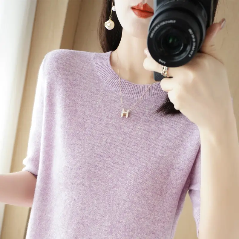 Women Knitted Round Neck Pullover Short Sleeve Summer Wear