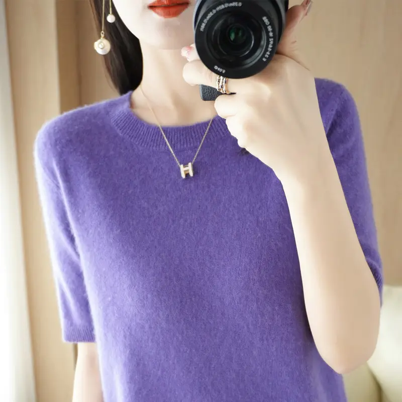Women Knitted Round Neck Pullover Short Sleeve Summer Wear