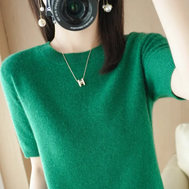 Women Knitted Round Neck Pullover Short Sleeve Summer Wear