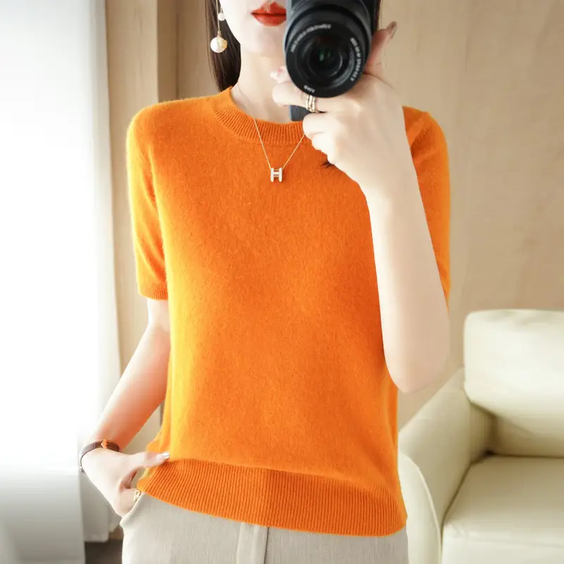 Women Knitted Round Neck Pullover Short Sleeve Summer Wear