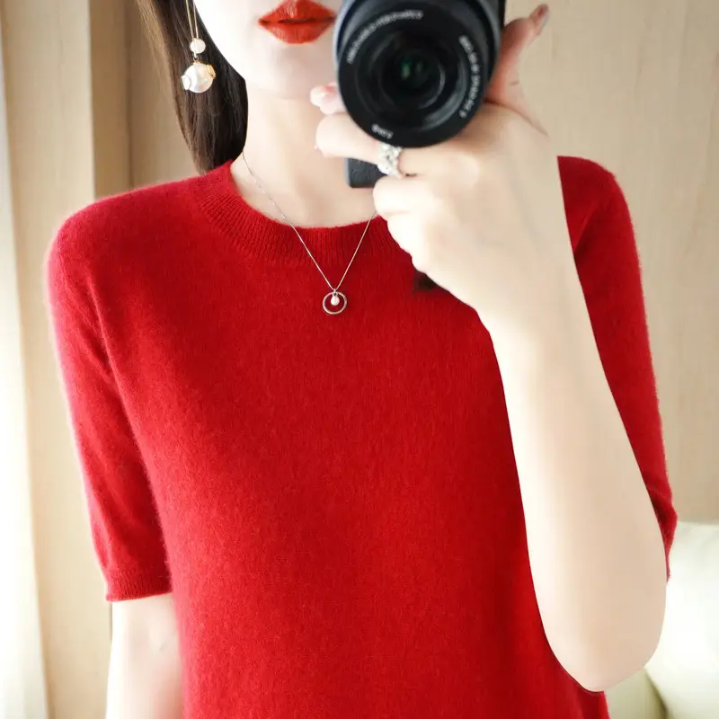 Women Knitted Round Neck Pullover Short Sleeve Summer Wear