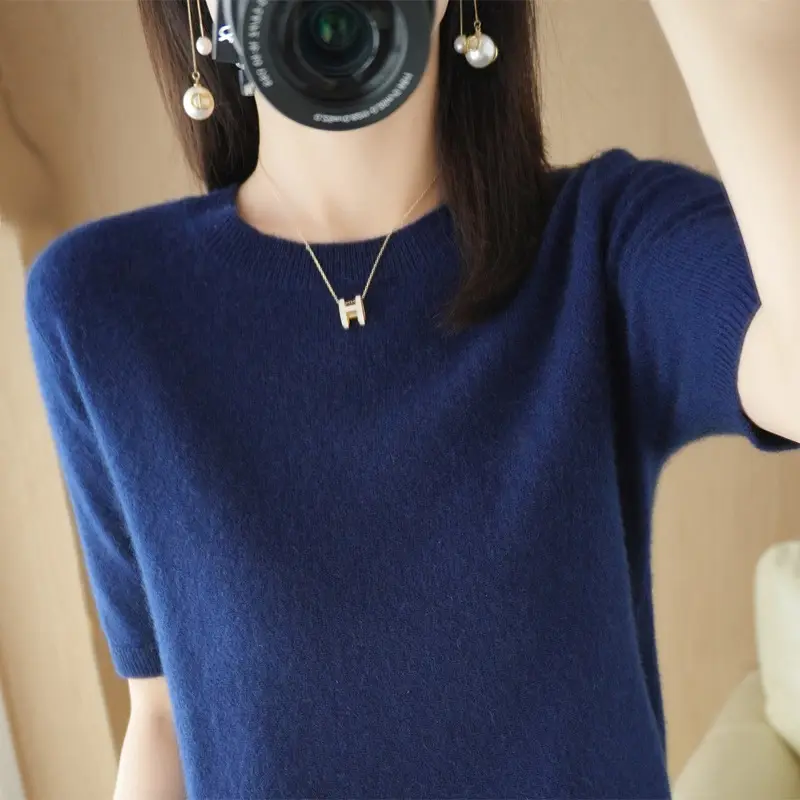 Women Knitted Round Neck Pullover Short Sleeve Summer Wear