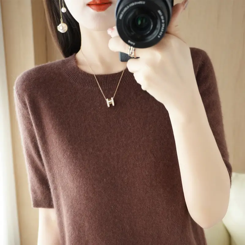 Women Knitted Round Neck Pullover Short Sleeve Summer Wear