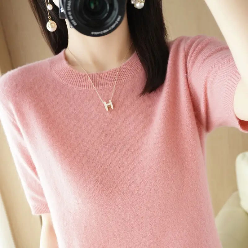 Women Knitted Round Neck Pullover Short Sleeve Summer Wear