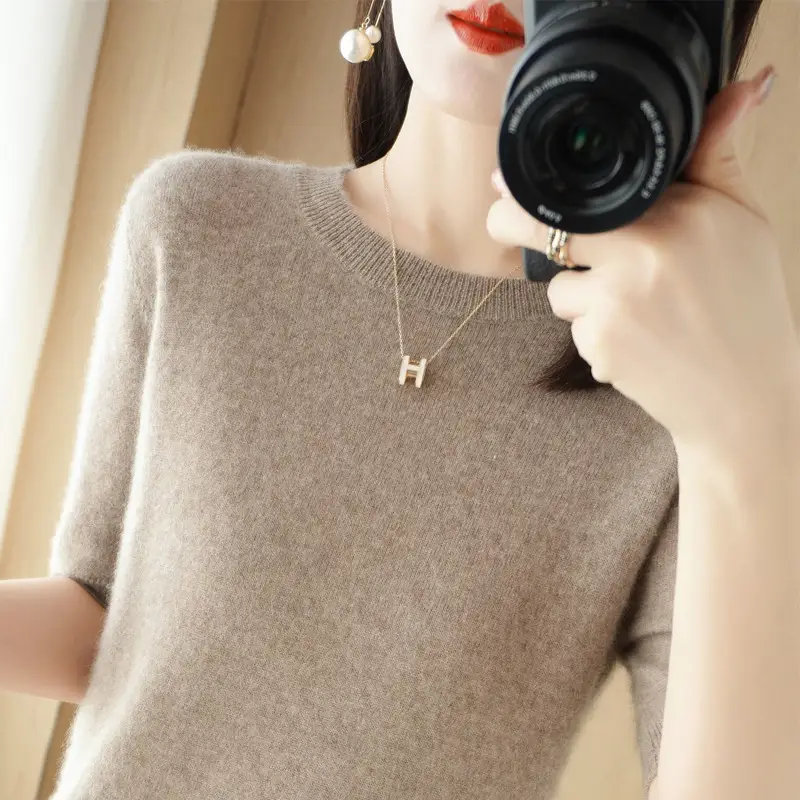 Women Knitted Round Neck Pullover Short Sleeve Summer Wear