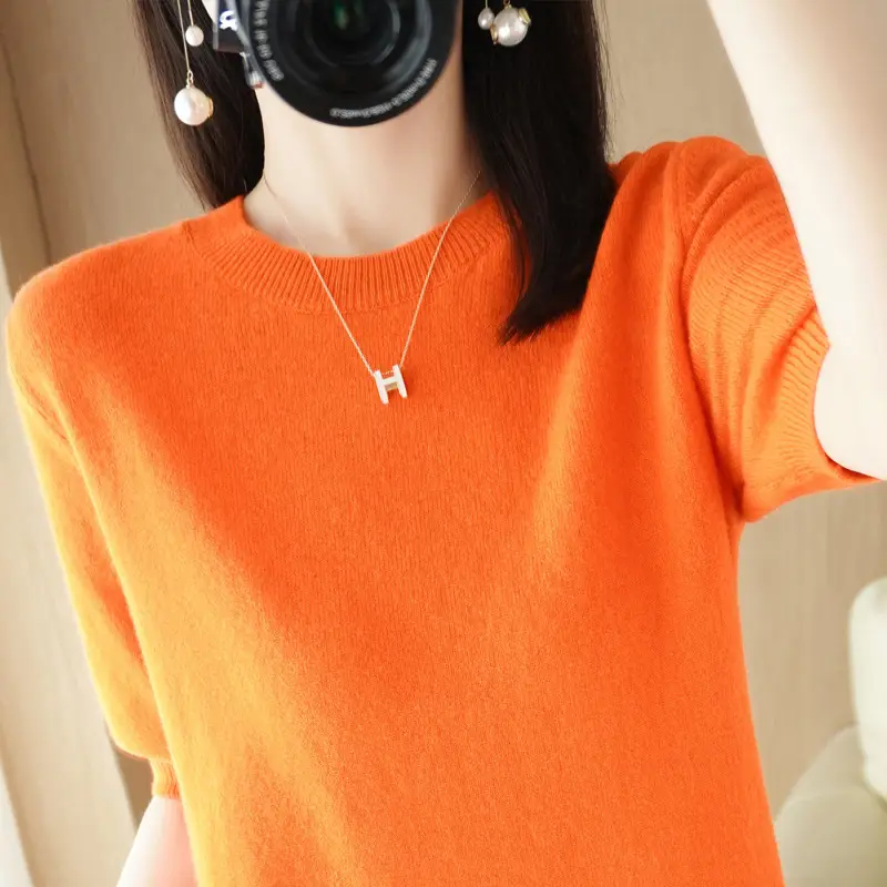 Women Knitted Round Neck Pullover Short Sleeve Summer Wear