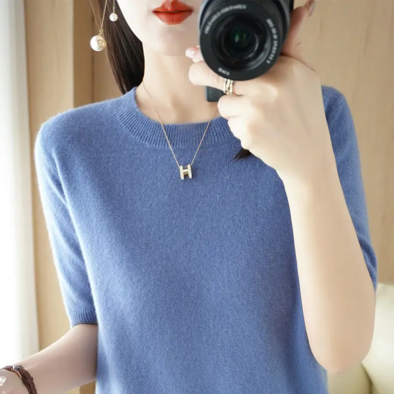 Women Knitted Round Neck Pullover Short Sleeve Summer Wear