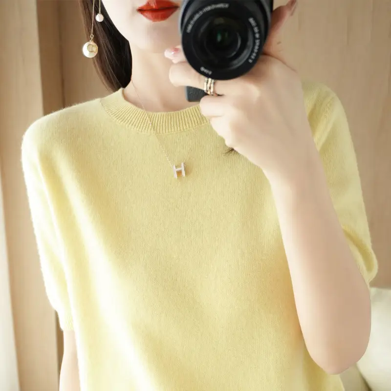 Women Knitted Round Neck Pullover Short Sleeve Summer Wear