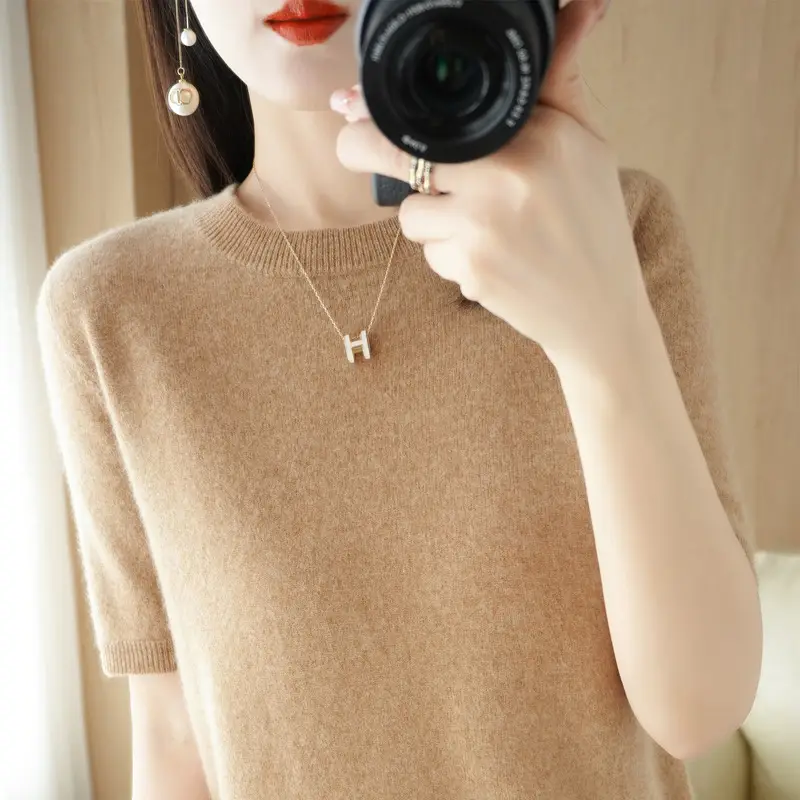 Women Knitted Round Neck Pullover Short Sleeve Summer Wear