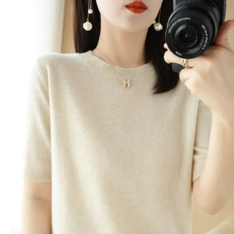 Women Knitted Round Neck Pullover Short Sleeve Summer Wear