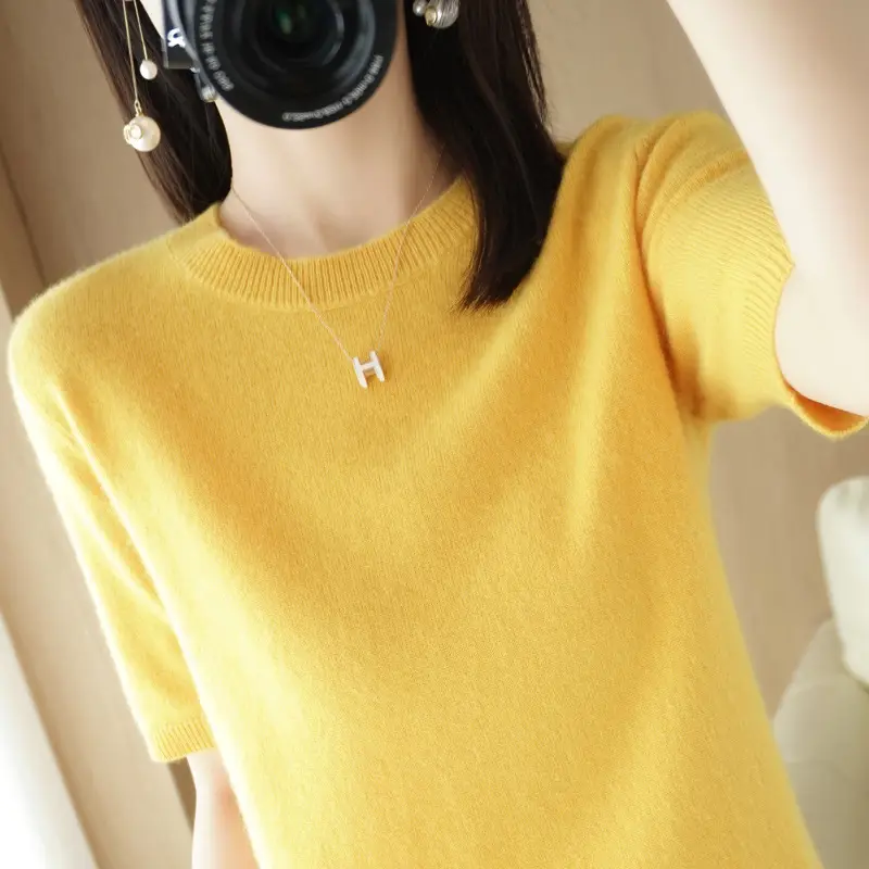 Women Knitted Round Neck Pullover Short Sleeve Summer Wear