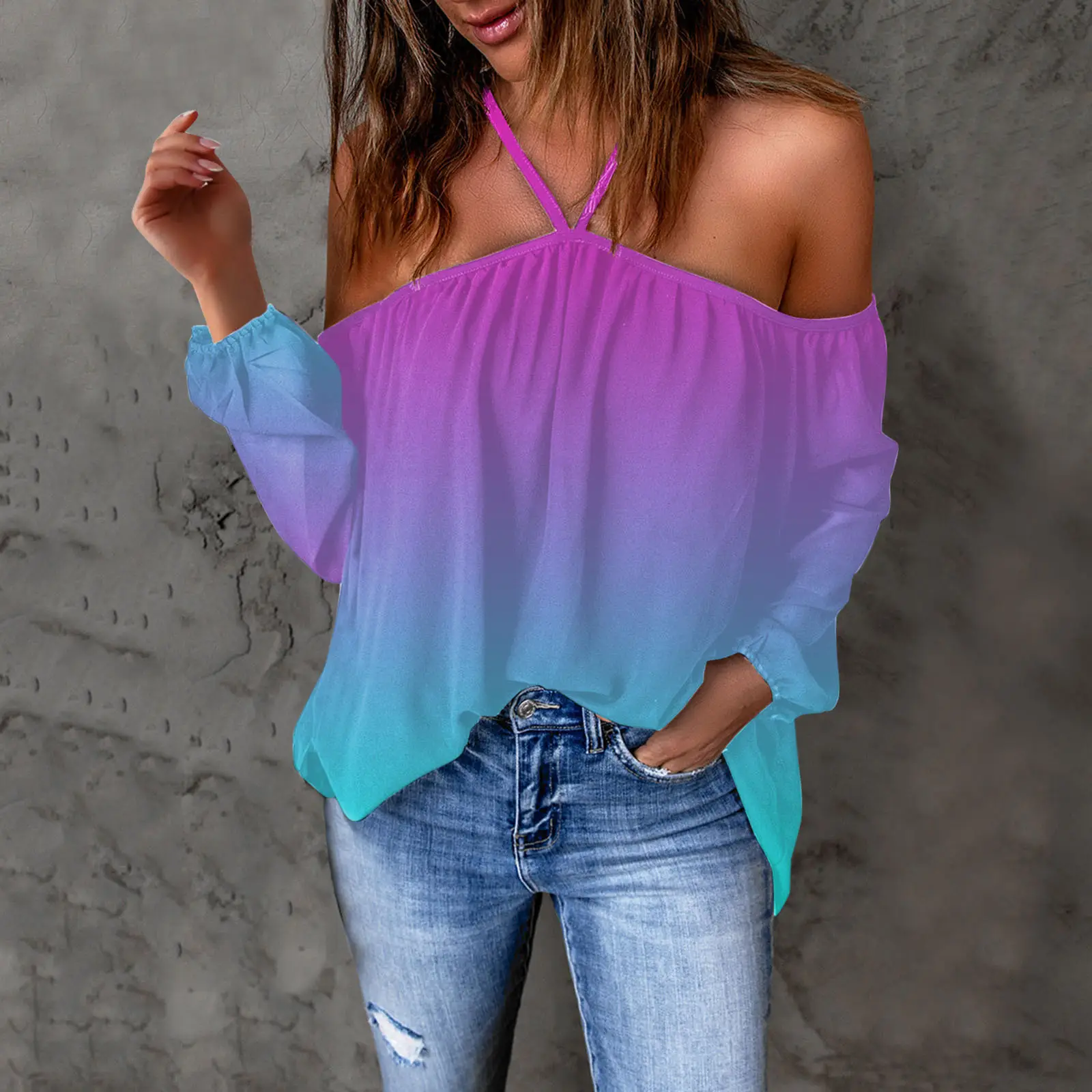 Purple Floral Halter Neck Off Shoulder Top