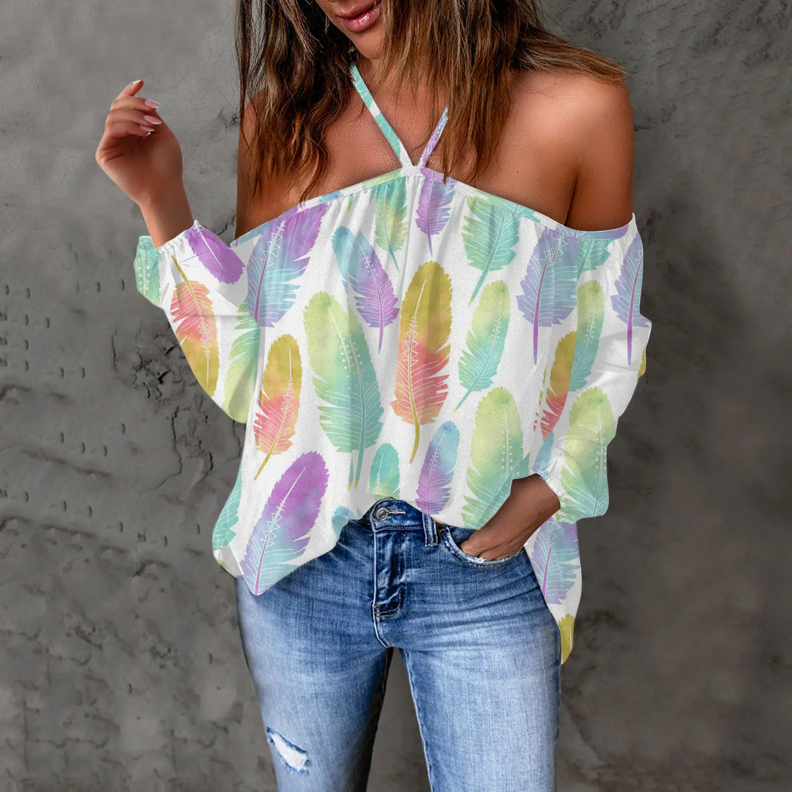 Purple Floral Halter Neck Off Shoulder Top