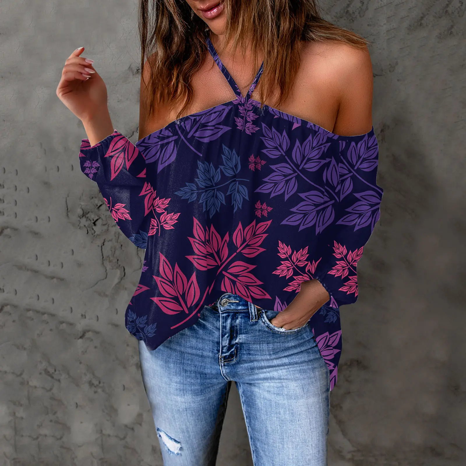 Purple Floral Halter Neck Off Shoulder Top