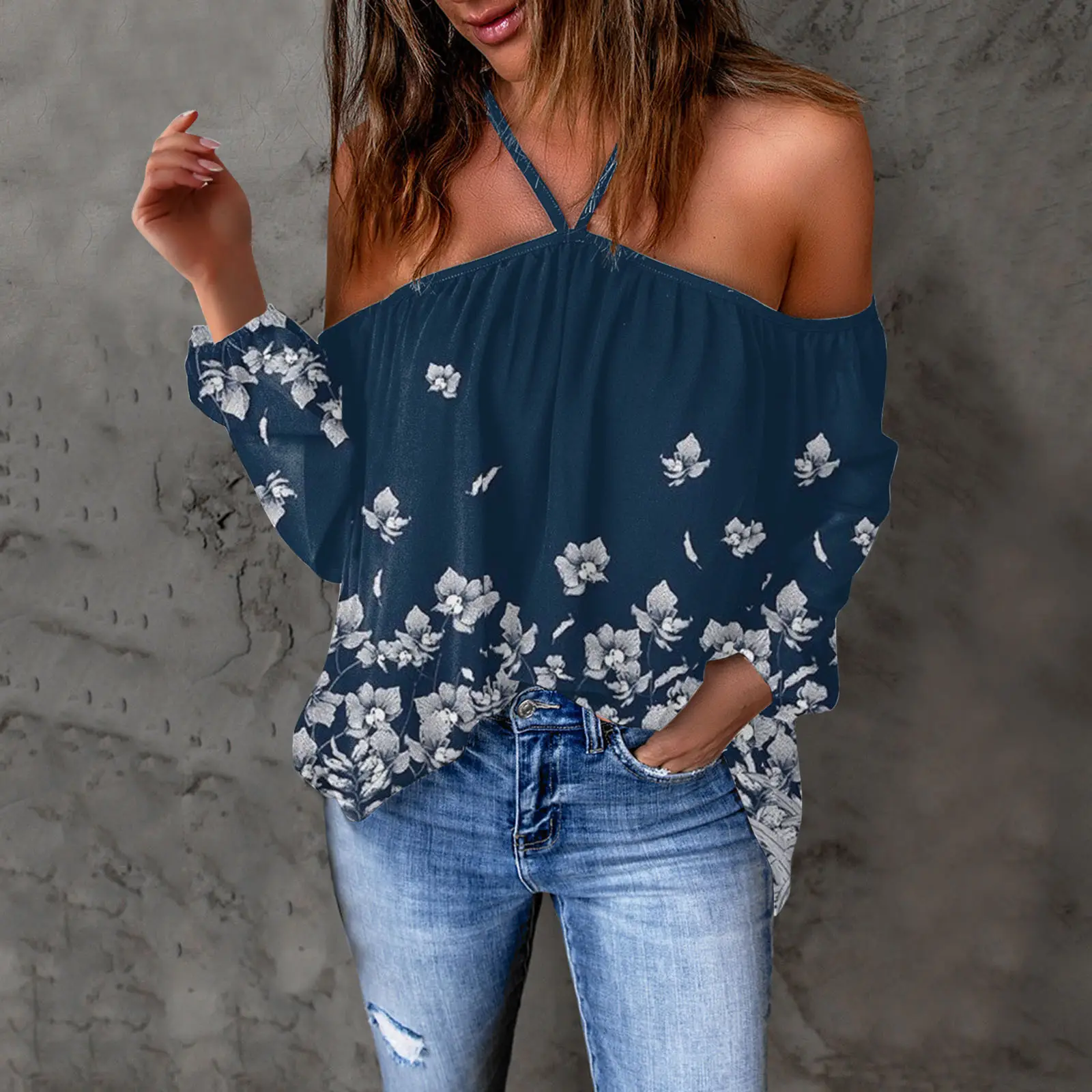 Purple Floral Halter Neck Off Shoulder Top