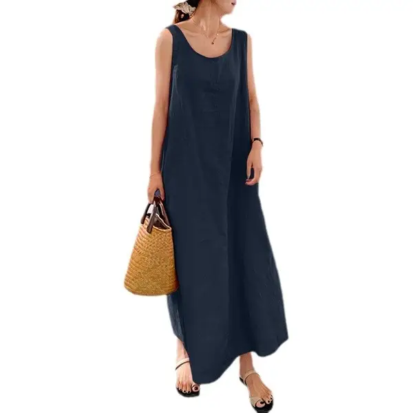 Women Long Sleeveless Dress Red Cotton Linen Summer Wear