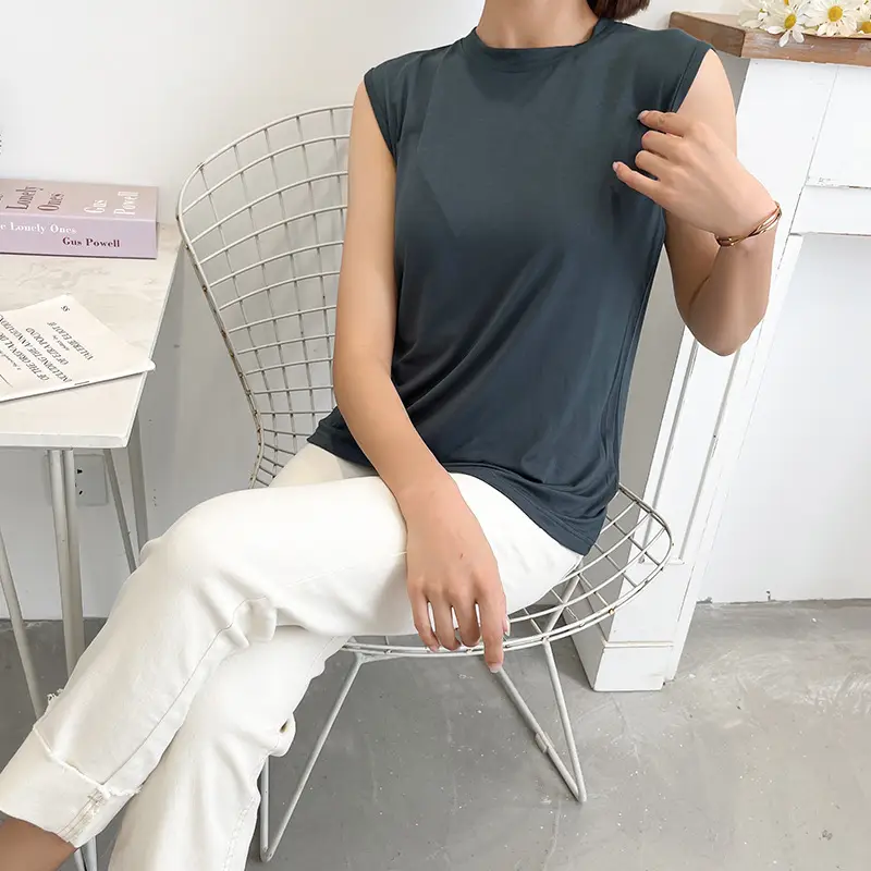 Women's White Sleeveless T-Shirt Vest Summer Loose Fit — feature 13