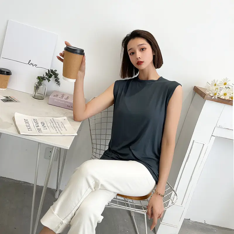 Women's White Sleeveless T-Shirt Vest Summer Loose Fit — feature 14