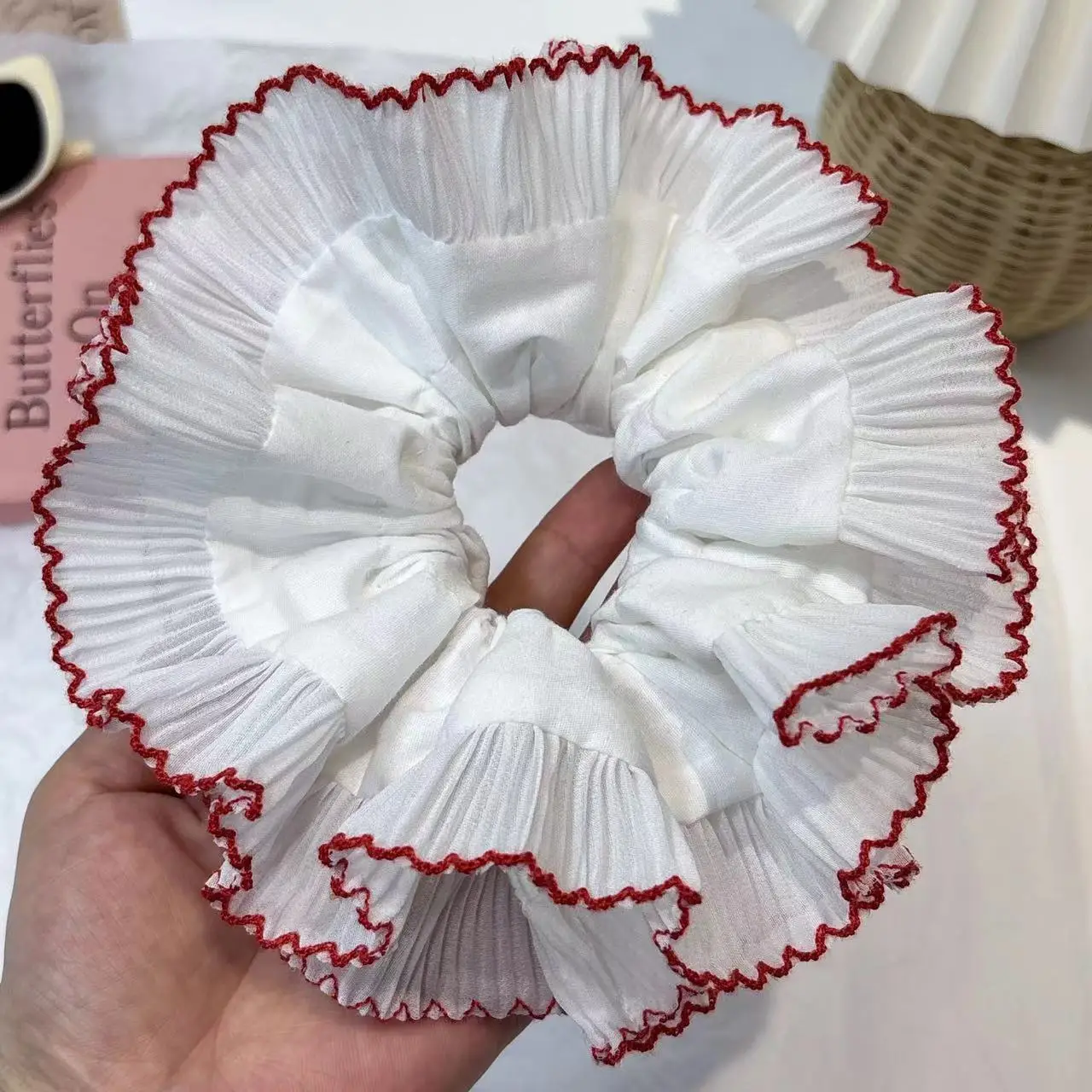 Double-layer White Red-rimed Large Hair Ring