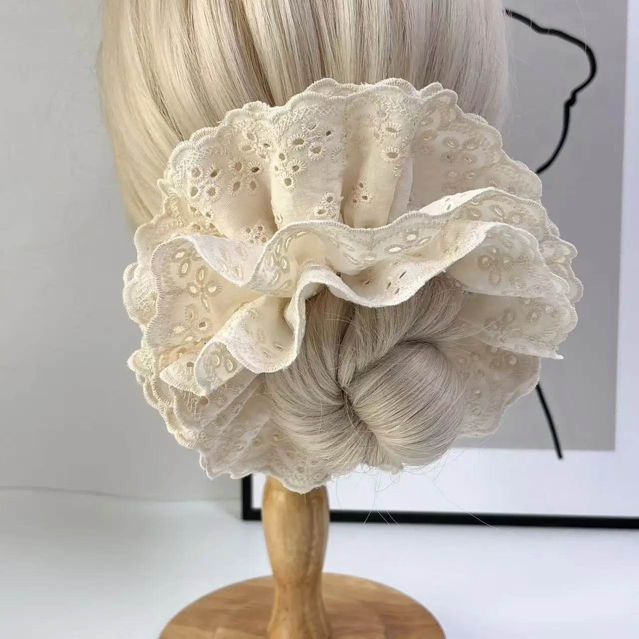 Lace Hair Ring with Double Lace Design Black White - Image 56