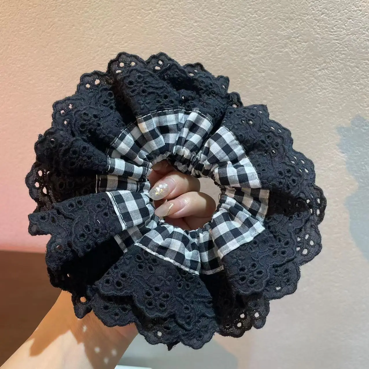 Lace Hair Ring with Double Lace Design Black White - Image 10