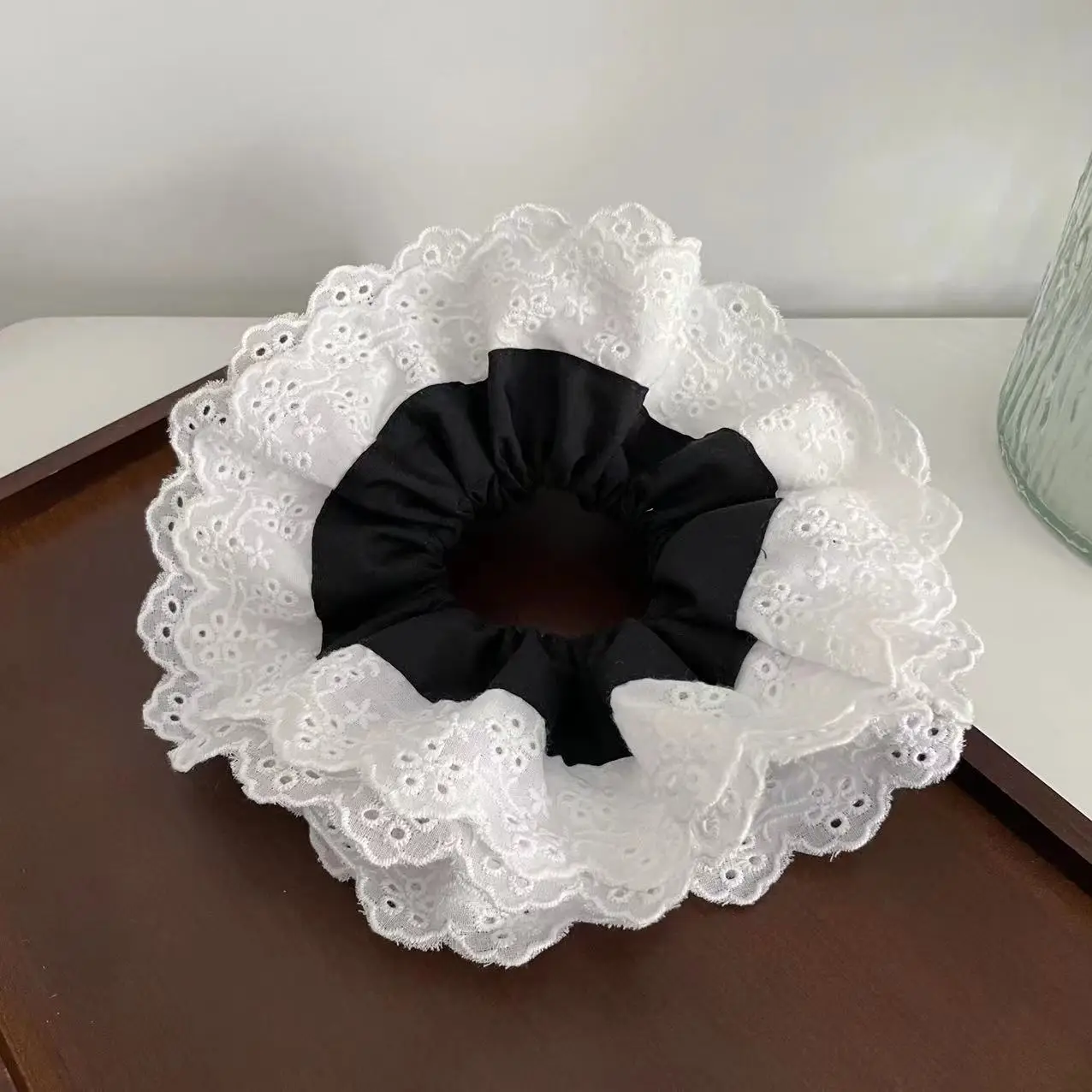 Lace Hair Ring with Double Lace Design Black White - Image 11