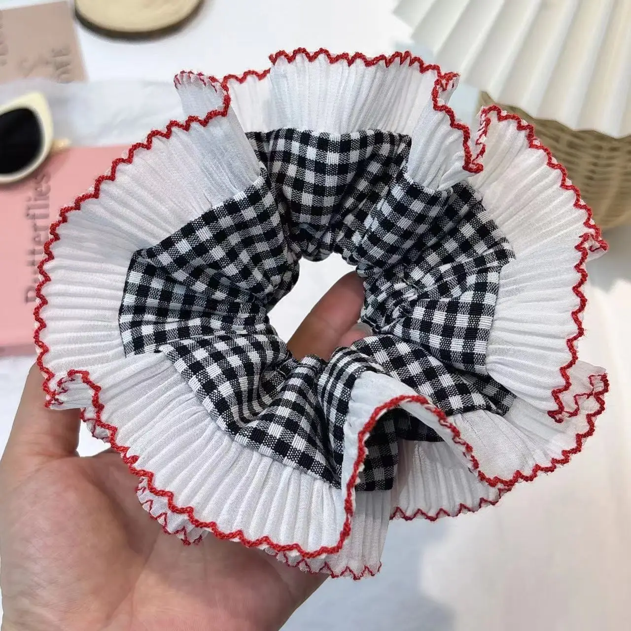 Lace Hair Ring with Double Lace Design Black White - Image 21
