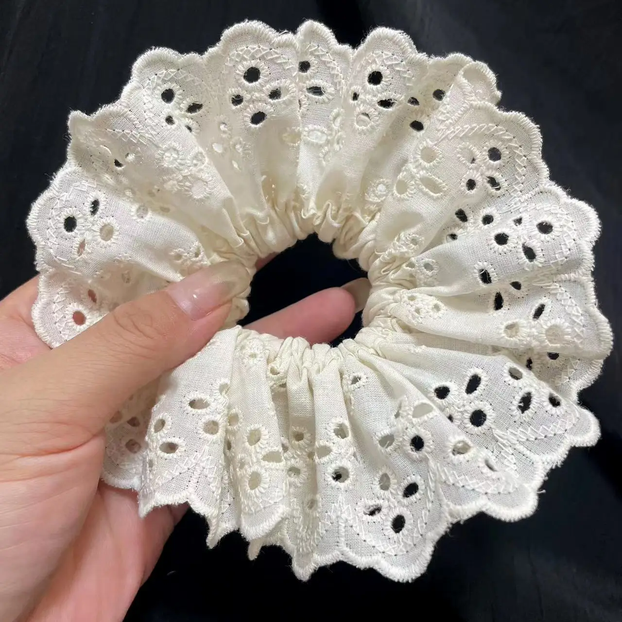 Lace Hair Ring with Double Lace Design Black White - Image 3
