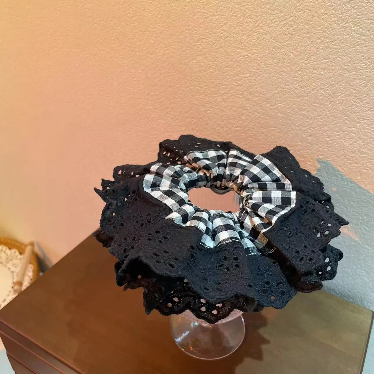 Lace Hair Ring with Double Lace Design Black White - Image 6