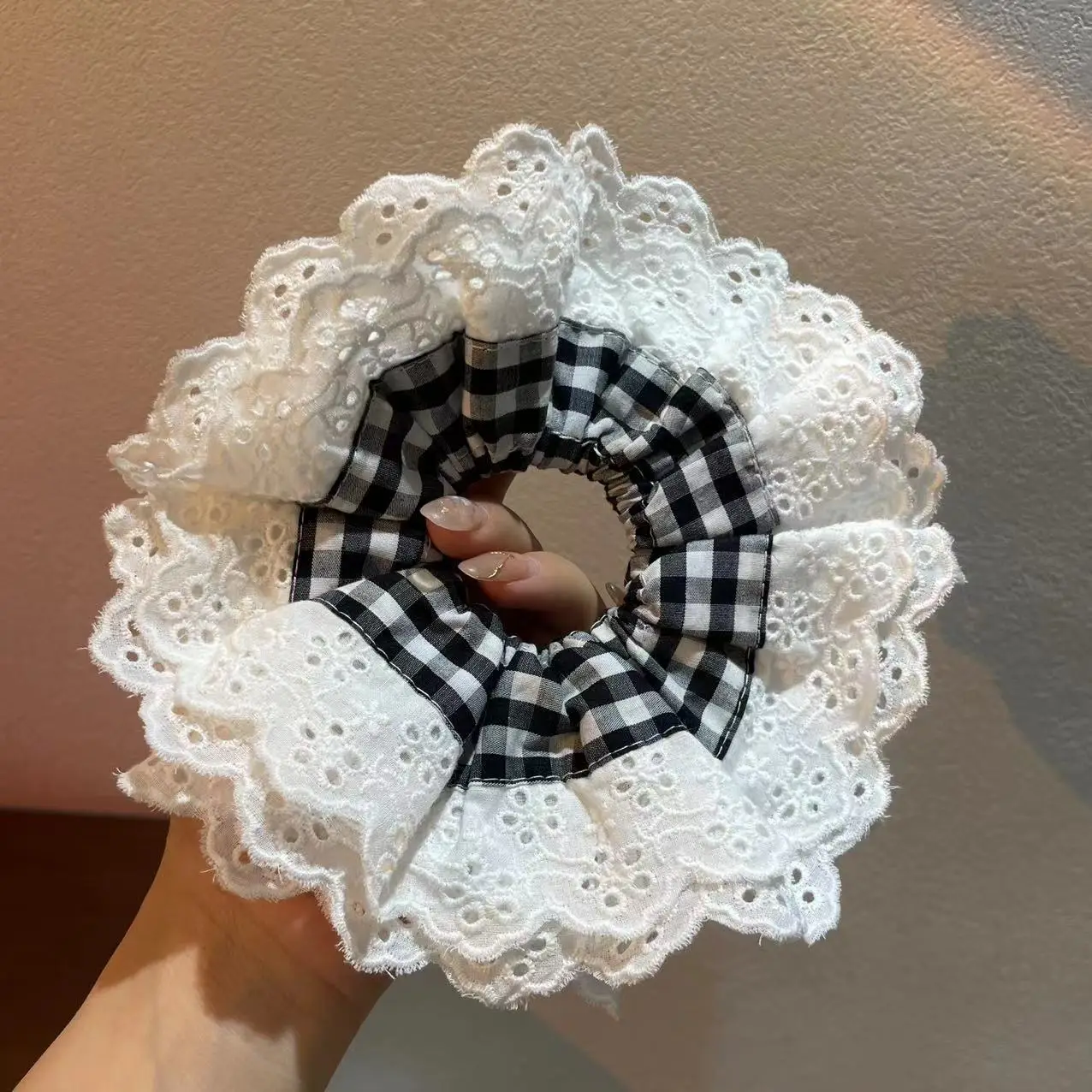 Lace Hair Ring with Double Lace Design Black White - Image 9