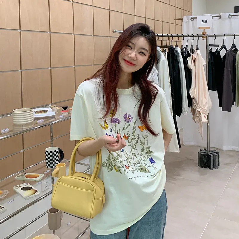 Women Cotton Floral Print T-Shirt Mid Length Short Sleeve - Image 3
