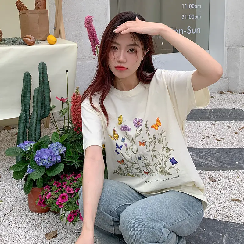 Women Cotton Floral Print T-Shirt Mid Length Short Sleeve - Image 4