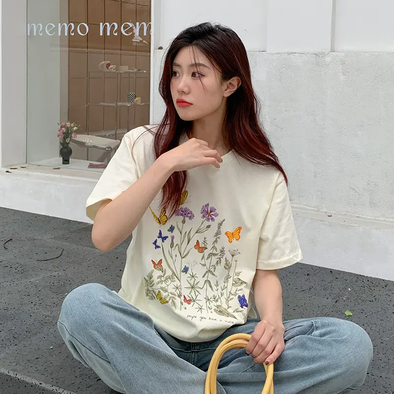 Women Cotton Floral Print T-Shirt Mid Length Short Sleeve - Image 5