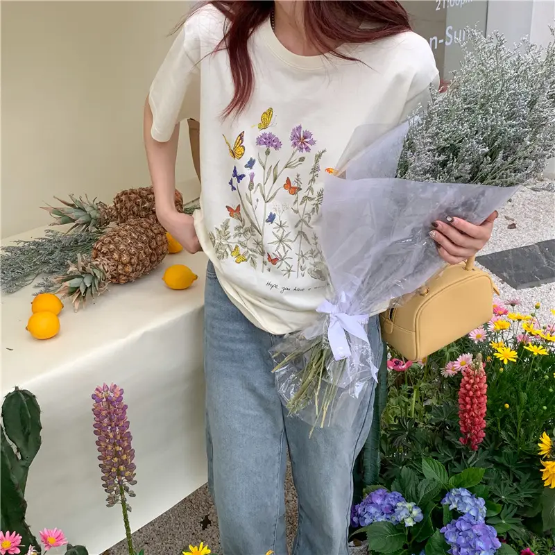 Women Cotton Floral Print T-Shirt Mid Length Short Sleeve — feature 10