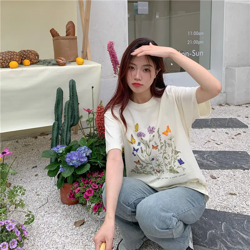 Women Cotton Floral Print T-Shirt Mid Length Short Sleeve — feature 12