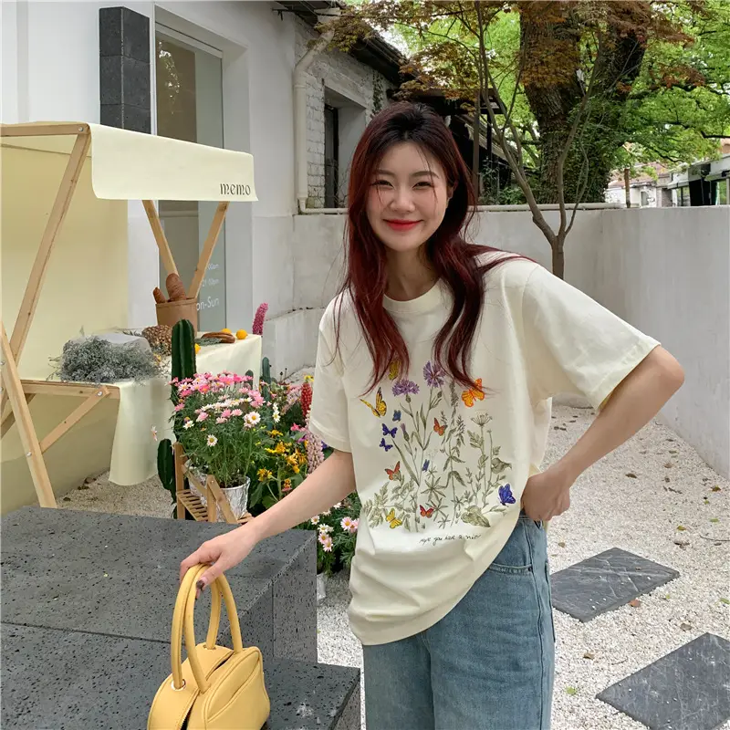 Women Cotton Floral Print T-Shirt Mid Length Short Sleeve — feature 5