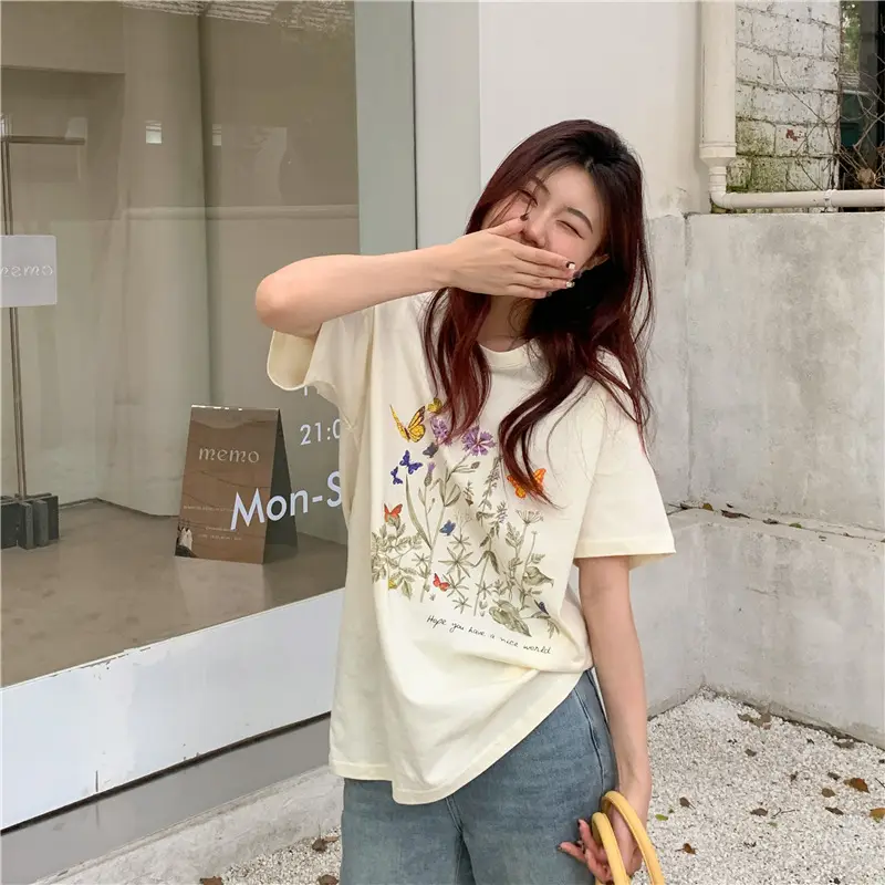 Women Cotton Floral Print T-Shirt Mid Length Short Sleeve — feature 8