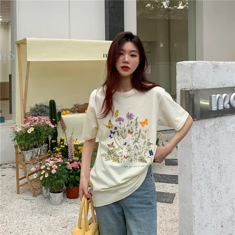 Women Cotton Floral Print T-Shirt Mid Length Short Sleeve — feature 9
