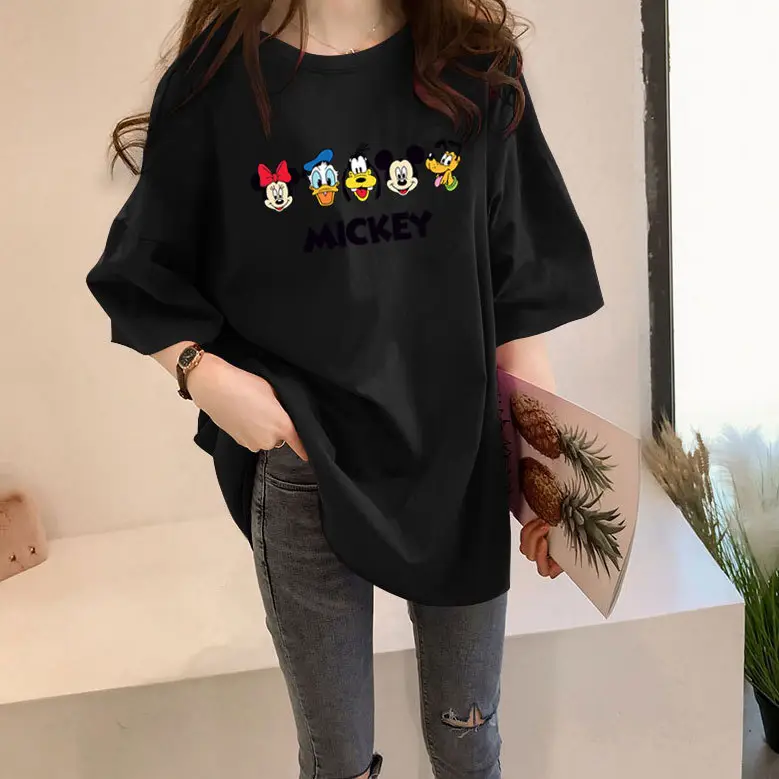 Women Loose Mickey Print T-Shirt White Summer Wear