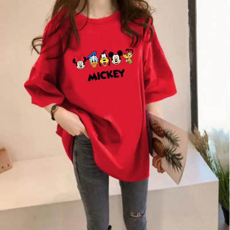 Women Loose Mickey Print T-Shirt White Summer Wear