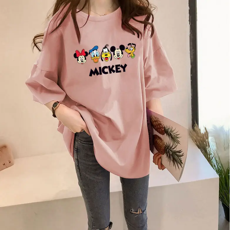 Women Loose Mickey Print T-Shirt White Summer Wear