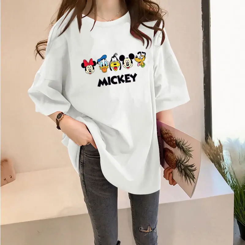 Women Loose Mickey Print T-Shirt White Summer Wear