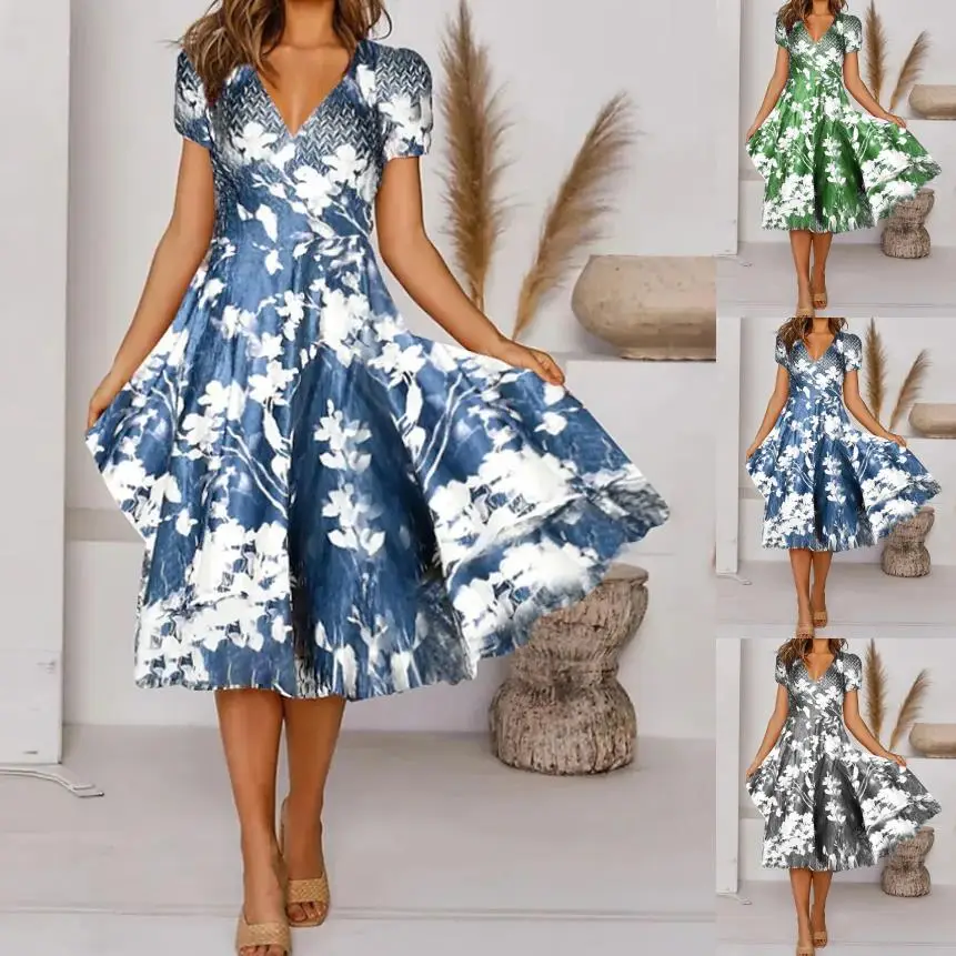 2023 Printed V Neck Dress Women Blue Floral