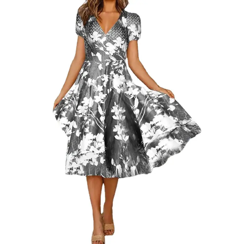 2023 Printed V Neck Dress Women Blue Floral