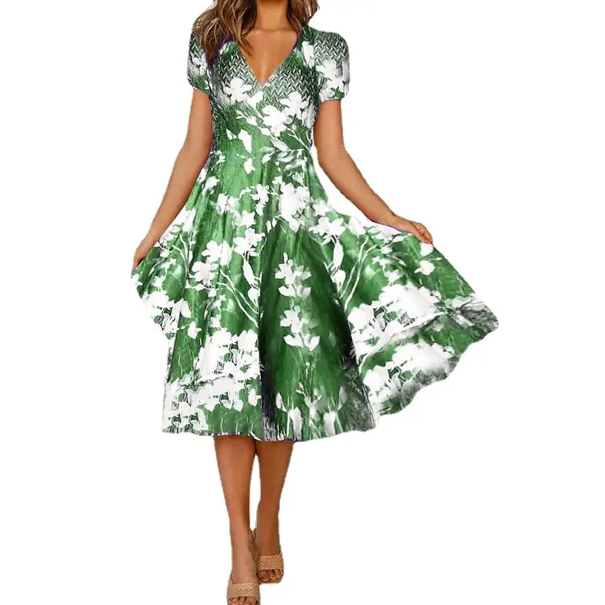 2023 Printed V Neck Dress Women Blue Floral