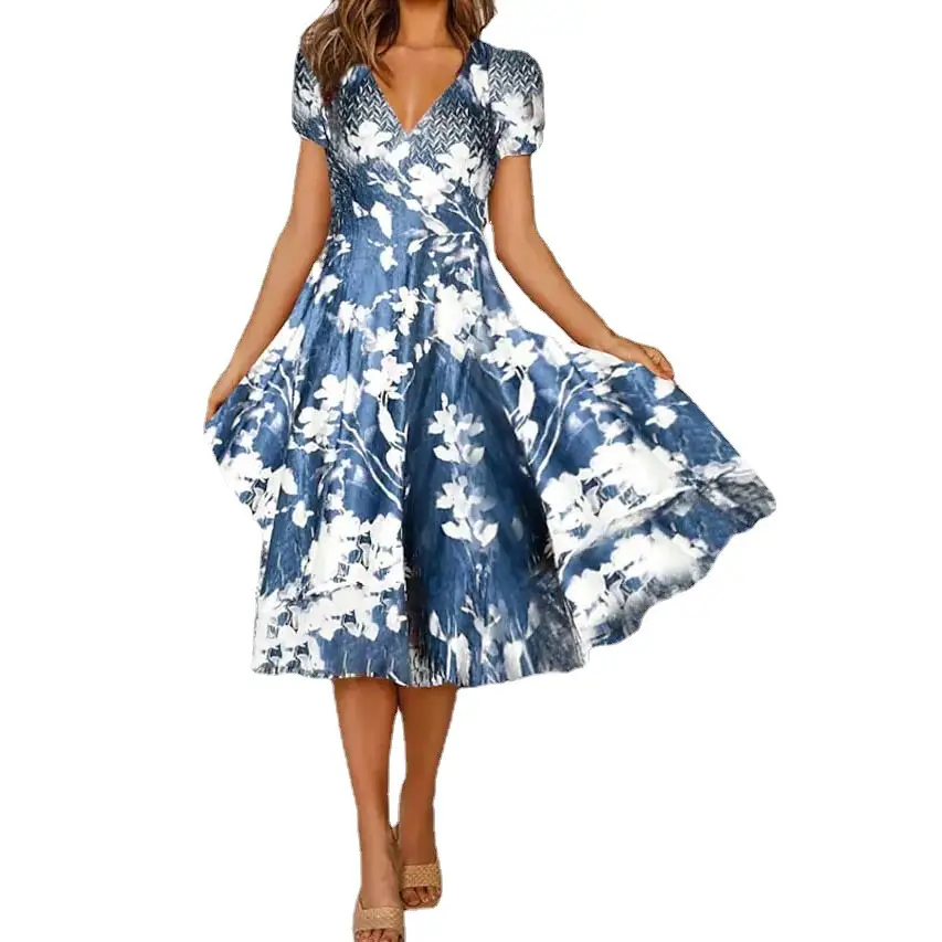 2023 Printed V Neck Dress Women Blue Floral