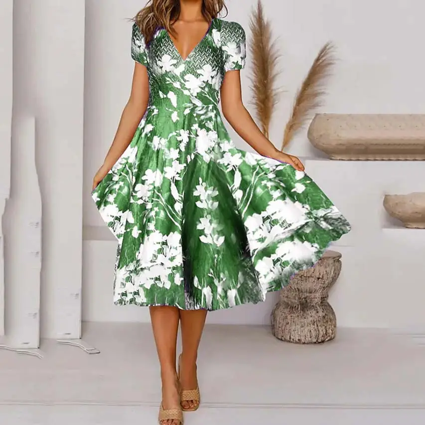 2023 Printed V Neck Dress Women Blue Floral